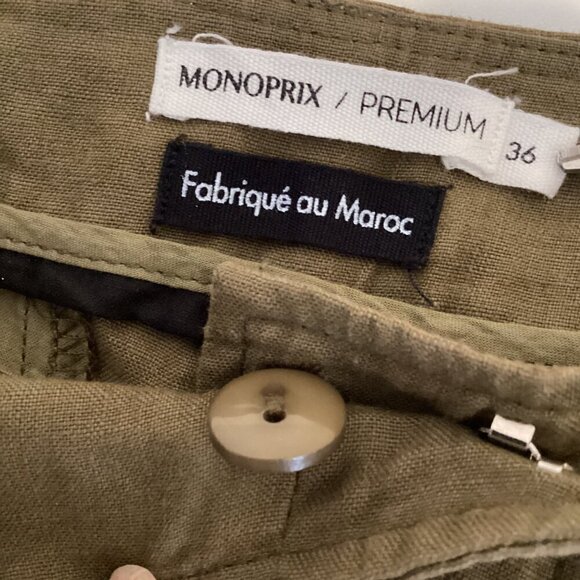 Monoprix Premium Sz 36 Woven Olive Green Cropped Pleated Trouser Pant 298H - Picture 6 of 6